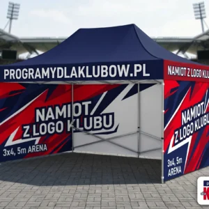 Namiot ekspresowy VELA 3x4,5 m z herbem klubu i otwartym wejściem
